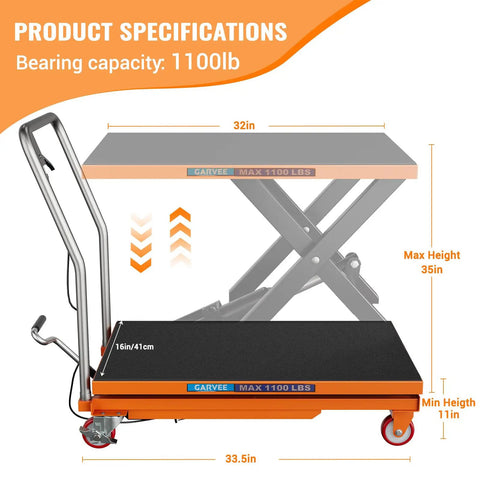 Rock Solid Hydraulic Lift Table Cart Featuring Single Scissor Platform Designed To Haul Serious Weight Up To 1100Lbs Rust Resistant Steel Build Plus Smooth Swivel Casters That Roll Through Any Tight Space Finished Bright Orange