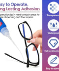 Clear Glasses Frames Glue For A Fast Fix And Bonding, Instant Strong Adhesive For Plastic Metal Wood Rubber Leather Eyewear, shown repairing eyeglass frames.