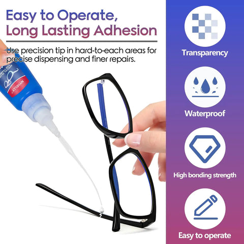 Clear Glasses Frames Glue For A Fast Fix And Bonding, Instant Strong Adhesive For Plastic Metal Wood Rubber Leather Eyewear, shown repairing eyeglass frames.