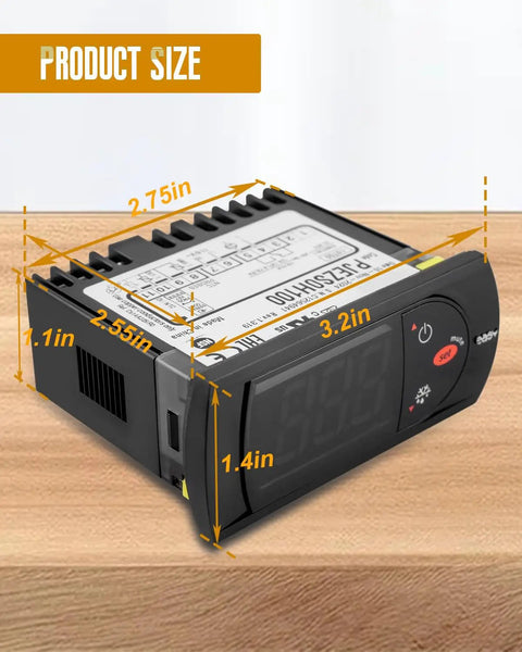 PJEZS0H100 Digital Refrigerator Temperature Controller With Sensor Probe 115V Thermostat That Fits Carel And All Fridges Precise Temp Regulation Easy Mounting Hardware And Setup Instructions, front view with 3.2in display