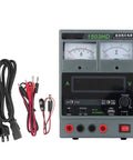 Heavy Duty Variable DC Power Supply 15V 3A Regulated Stabilized With Dual Display And USB Charging Port US Plug Ideal For Electronics Repair And Prototyping Fast Protection Against Short Circuit And Overcurrent With Automatic Recovery., front view with power cord and clips