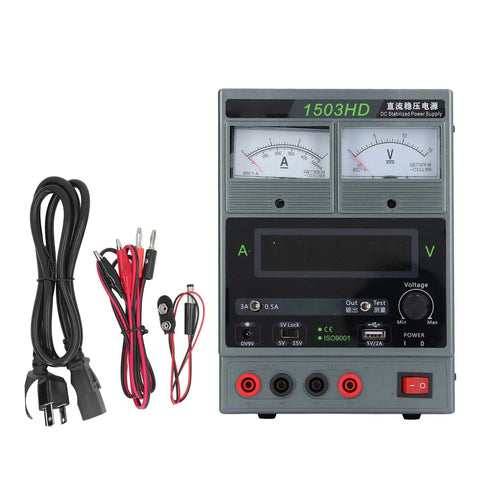 Heavy Duty Variable DC Power Supply 15V 3A Regulated Stabilized With Dual Display And USB Charging Port US Plug Ideal For Electronics Repair And Prototyping Fast Protection Against Short Circuit And Overcurrent With Automatic Recovery., front view with power cord and clips