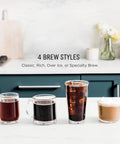 Four brew styles shown: classic, rich, over ice, specialty made with Pod and Grounds Single Serve Coffee Maker With Built In Milk Frother