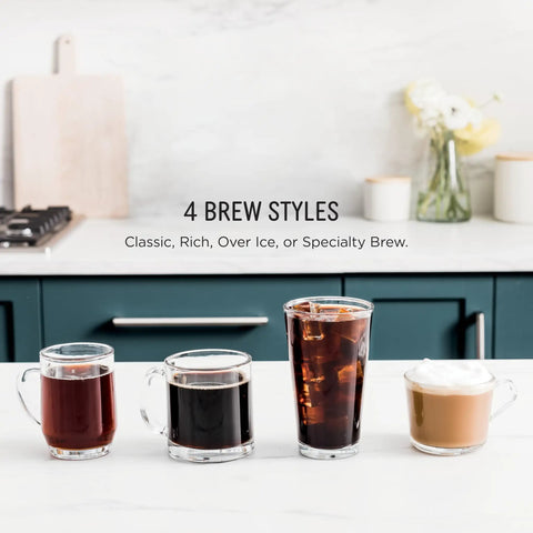 Four brew styles shown: classic, rich, over ice, specialty made with Pod and Grounds Single Serve Coffee Maker With Built In Milk Frother