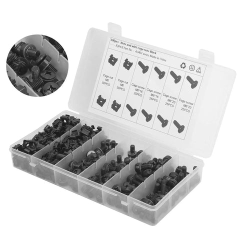 M6 Cage Nut And Screw Kit For Racks And Cabinets, Heavy Duty Carbon Steel Fasteners In Black Finish, open case with M6 nuts and screws