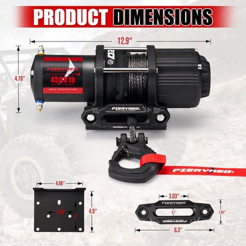 Dimensions of 12V Electric Winch With Synthetic Rope 4500Lbs Wireless Towing Kit and parts including mounting plate and fairlead.