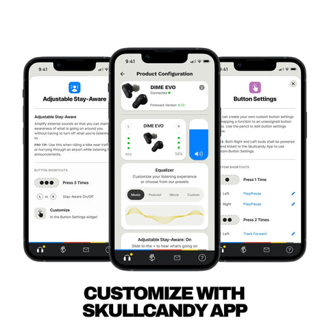 App interface for customizing Dime Evo Wireless Earbuds Bluetooth Headphones With Noise Isolating Fit Up To 36 Hours Battery Life.