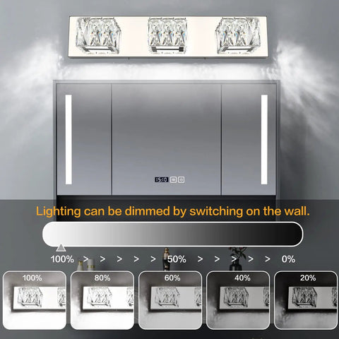 Crystal Vanity Light Three Light Modern Bathroom Fixture With Dimmable 18W LED for Small Bath above mirror with dimming levels displayed