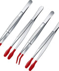 4 Piece Rubber Tipped Tweezers Set With PVC Silicone Tips Flat And Bent Styles For Lab Work Jewelry Craft Coin Stamp Tongs Red Coated Non Scratch Forceps, set displayed diagonally