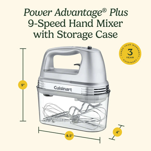 Heavy Duty Electric Hand Mixer With Nine Speed Options And A Mighty 220 Watt Motor That Glides Using Smooth Start Mode Plus Extra Long Stainless Beaters And A Simple One Touch Button For Fast No Sweat Cooking Prep in silver with storage case, 9" height, 8.5" width.