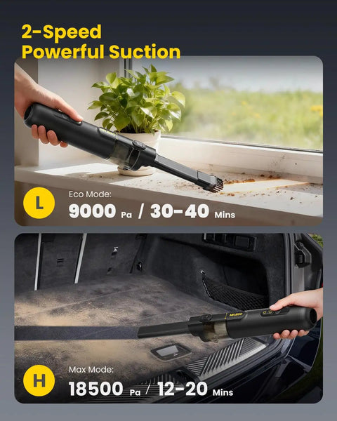 Cordless Handheld Car Vacuum Cleaner 4-In-1 Mini Vacuum With 18500Pa Killer Suction shown in eco and max modes for versatile cleaning