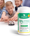 Wipe container labeled 70 Percent Isopropyl Alcohol Wipes For Your Electronics And Screens, 80 Count Per Pack In Sealed Canister.