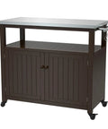 Outdoor Wood Grill Prep Table With Stainless Steel Top Waterproof Cover Dark Brown Finish Solid Wood Construction No Plastic Open Shelf For Quick Access Storage Heavy Duty Outdoor Kitchen Station with hooks on side.