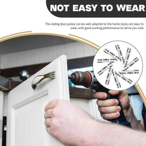 Eight Piece Glass Sliding Door Pulley Roller Kit With Heavy Duty Track Guide For Closets And Windows installation process with drill.