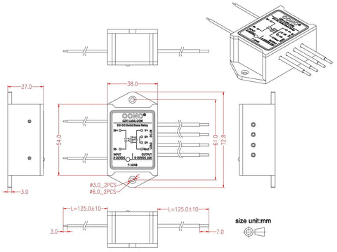 Technical drawing of Dope High Current Isolated Solid State Relay Module 10 Amp SSR Board with dimensions and connectors.