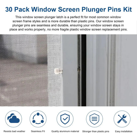 Top Tier Window Screen Plunger Latches With Snappy Aluminum Pins And Heavy Duty Coils For Patio Screens 5/32 Inch By 1 Half Inch Replacement Kit with durable plunger pin in window screen.