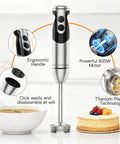 Powerhouse Immersion Hand Blender 12 Speed With 1000W Motor Titanium Reinforced Stainless Steel Blades 3 In 1 System Including Whisk And Milk Frother Black For Smoothies Soups And Sauces, displayed with ergonomic handle and titanium blades.
