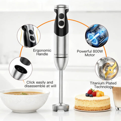 Powerhouse Immersion Hand Blender 12 Speed With 1000W Motor Titanium Reinforced Stainless Steel Blades 3 In 1 System Including Whisk And Milk Frother Black For Smoothies Soups And Sauces, displayed with ergonomic handle and titanium blades.