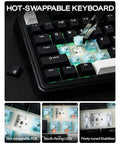 Close-up of hot-swappable switches and south-facing LEDs on the Tri Mode Wireless Mechanical Keyboard Pumping Out Power From A Massive Eight Thousand Mah Battery And Delivering Butter Smooth Typing For Weekend Warriors And Tech Junkies.