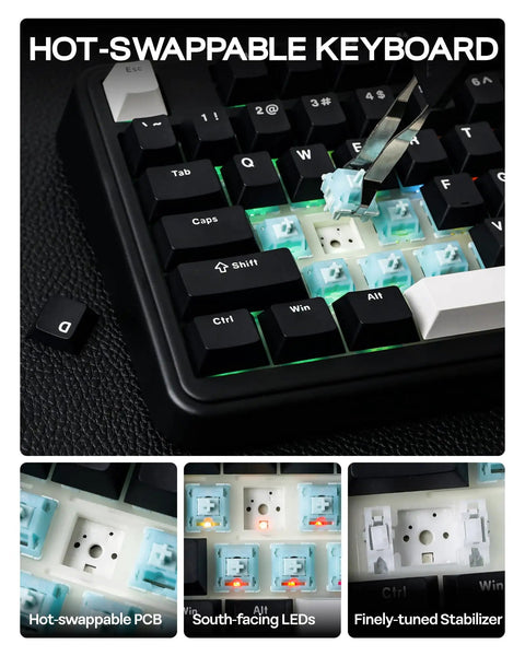Close-up of hot-swappable switches and south-facing LEDs on the Tri Mode Wireless Mechanical Keyboard Pumping Out Power From A Massive Eight Thousand Mah Battery And Delivering Butter Smooth Typing For Weekend Warriors And Tech Junkies.