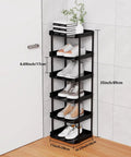 Slim 6 Tier Vertical Narrow Shoe Rack Stackable Tall Skinny Organizer For Tight Spaces, black, corner setup with shoes