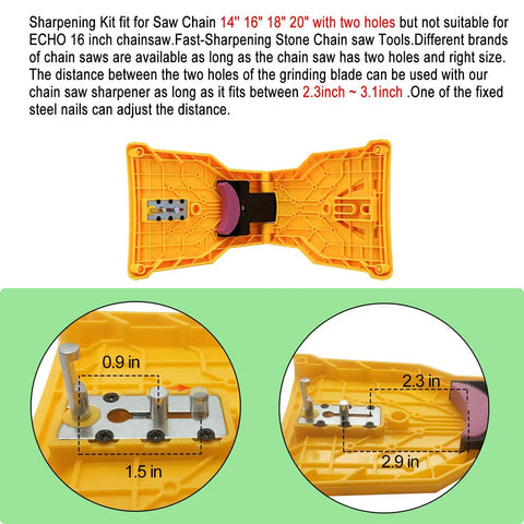 Portable Teeth Chainsaw Sharpener With Bar Mount fits 14 16 18 20 inch chainsaws, two holes bar, durable design, yellow plastic