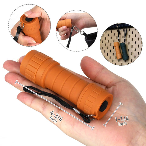Orange LED flashlight from Six Pack Of Compact LED Flashlights With 100 Lumen Output Includes 18 AAA Batteries Mini Pocket Lights in hand