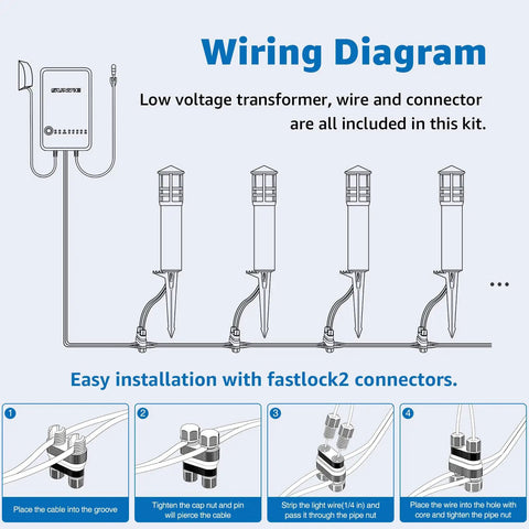 Wiring diagram for All In One LED Landscape Lighting Kit With Eight Low Voltage Path Lights, 60W Transformer, 100 Ft Wire.