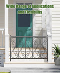 Wrought iron fence gate installed on wooden porch, showcasing design and flexibility.