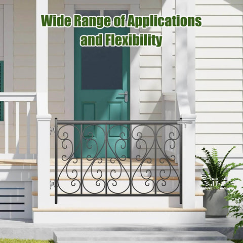 Wrought iron fence gate installed on wooden porch, showcasing design and flexibility.