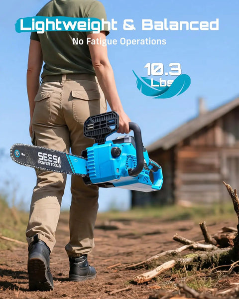 Person carrying 40V 16 Inch Cordless Chainsaw With Brushless Motor Two 4Ah Batteries And Charger Tool Free Chain Tension Auto Oiling