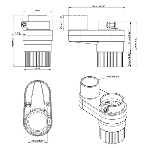 Technical drawing of Dust Shoe For 42mm Spindle CNC Router Fits Masuter Pro And Mastuer 4040, transparent ABS build.