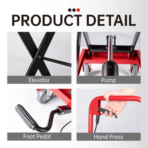 Product details of Heavy Duty 500 Lb Hydraulic Manual Scissor Lift Table Cart with foot pedal and hand press.