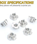 Top Shelf 100 Pack 1 4 20 T Nuts 304 Stainless Steel Four Pronged Threaded Inserts for Woodworking, shown in a group.