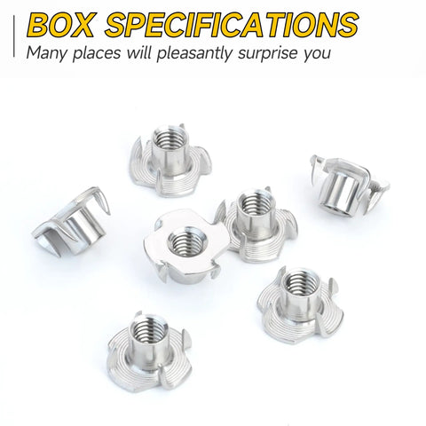 Top Shelf 100 Pack 1 4 20 T Nuts 304 Stainless Steel Four Pronged Threaded Inserts for Woodworking, shown in a group.
