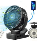 Portable Clip On Fan With Remote And Timer And LED Lights, 12000mAh USB Rechargeable Battery Delivers Up To 60 Hours Of Breeze shown with remote and charging phone