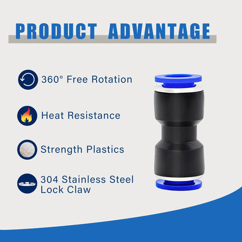 Push-to-connect pneumatic fitting with blue end caps and black body, front view