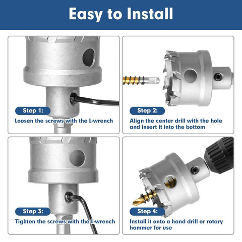 Installation steps for the Heavy Duty Tungsten Carbide Hole Saw Kit With Stainless Steel Shank, Rust Proof And Abrasion Resistant Design.