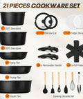 21-piece Detachable Handle Nonstick Pots And Pans Set with utensils for induction cooking, RV kitchen friendly.