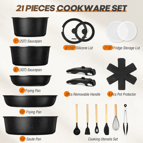 21-piece Detachable Handle Nonstick Pots And Pans Set with utensils for induction cooking, RV kitchen friendly.