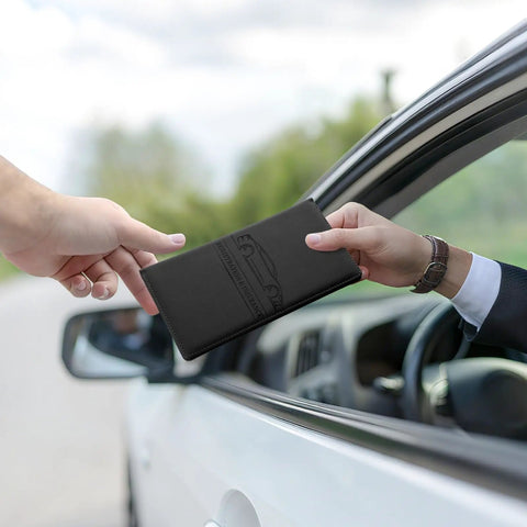 Car Registration And Insurance Holder With Magnetic Closure For Docs Cards And License, Durable PU Leather, Black, handed to driver