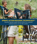 Two women sitting in Comfort Pro Rocker Folding Outdoor Chair For Camping And Backyard Hangouts with soft armrests in a garden.