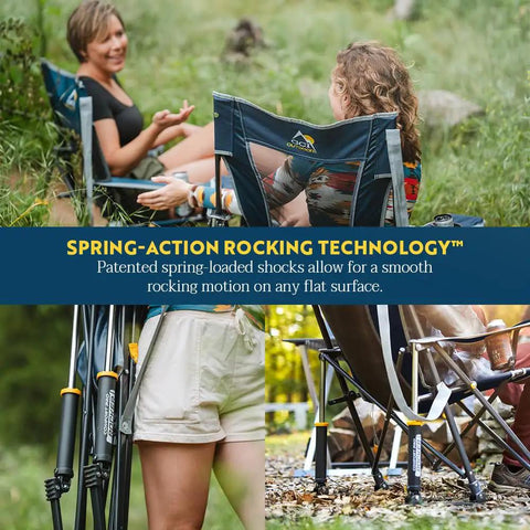Two women sitting in Comfort Pro Rocker Folding Outdoor Chair For Camping And Backyard Hangouts with soft armrests in a garden.