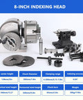 Shop Ready Dividing Head Kit With 3 Jaw Chuck And Rotary Table For Milling Machines 0 To 90 Degrees Tailstock Included 190 Ratio Gearing Multiple Sizes Dead On Accuracy For Tough Industrial Machining Jobs, featuring an 8-inch indexing head and accessories.