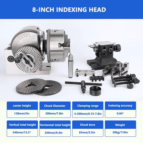 Shop Ready Dividing Head Kit With 3 Jaw Chuck And Rotary Table For Milling Machines 0 To 90 Degrees Tailstock Included 190 Ratio Gearing Multiple Sizes Dead On Accuracy For Tough Industrial Machining Jobs, featuring an 8-inch indexing head and accessories.