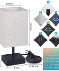 RGBW Touch Lamp With USB Port And AC Outlet; linen fabric shade; dimensions shown; includes bulb, power button, USB ports, AC outlets.
