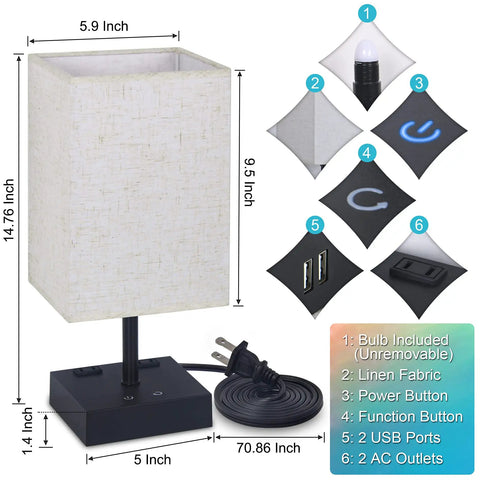 RGBW Touch Lamp With USB Port And AC Outlet; linen fabric shade; dimensions shown; includes bulb, power button, USB ports, AC outlets.