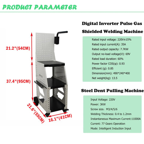 Dimensions of Heavy Duty 3KW 220V Spot Weld Dent Puller Kit for Cars and Auto Repair with digital specs and control panel