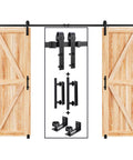 12 Ft Double Sliding Barn Door Track Kit With Ball Bearing Rollers, black powder coated steel, with wooden doors and hardware