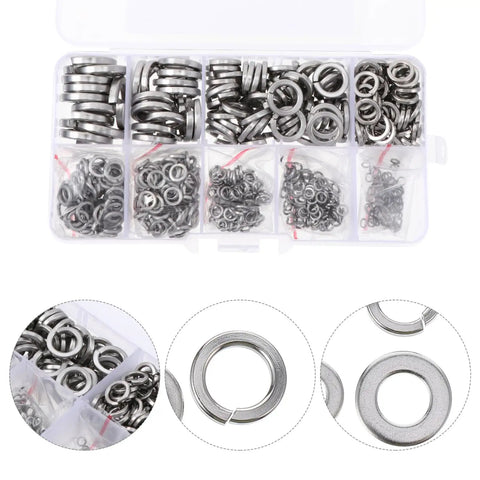600 Piece Stainless Steel All Purpose Spring Gasket Washer Kit With Lock And Split Washers For Cars Trucks Buses Industrial Equipment Wind Turbines Machinery Marine Rail And More, assorted washers in organizer